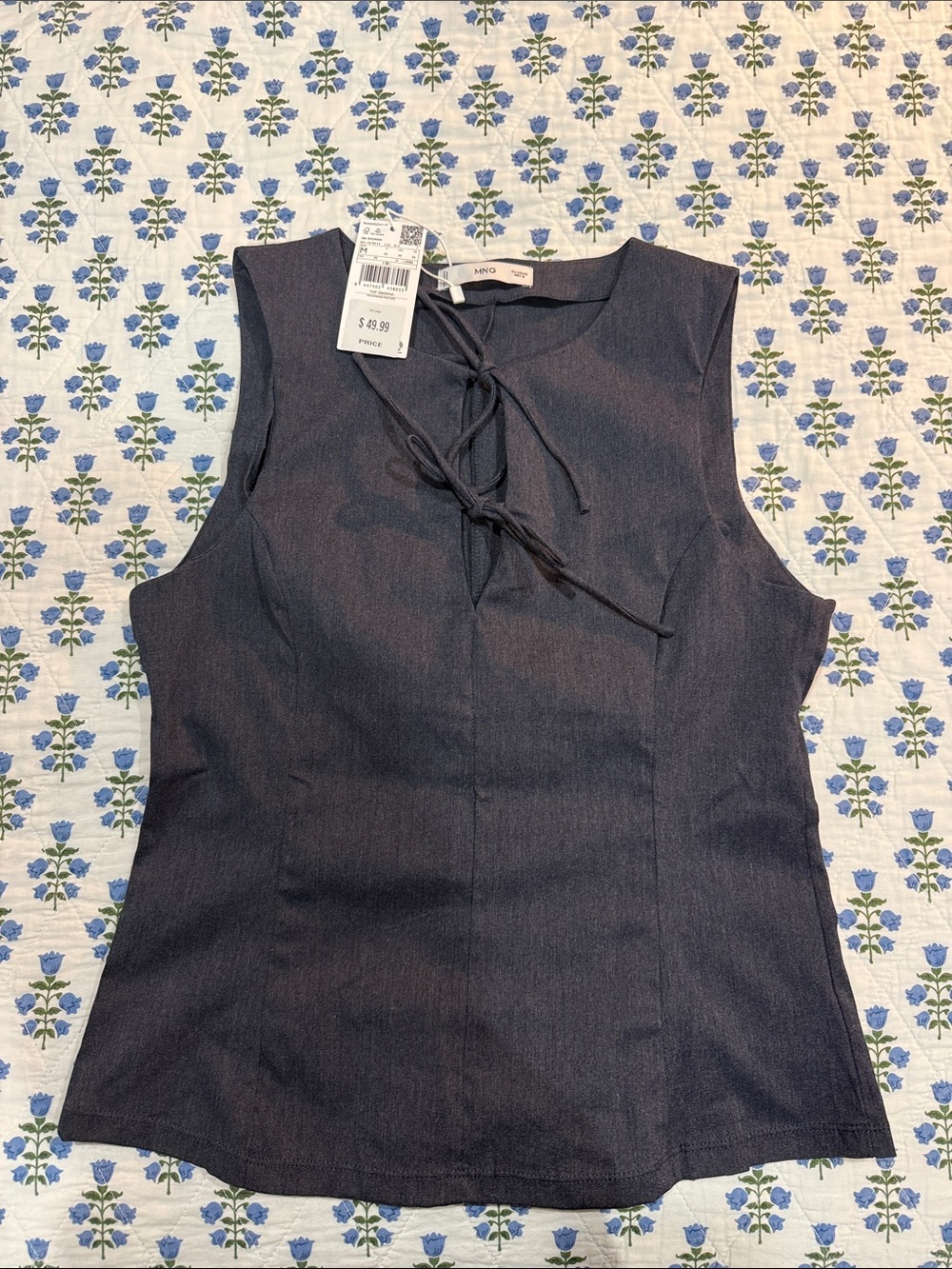 NWT Mango Dark Denim Color Sleeveless Tie-Neck Tank Top